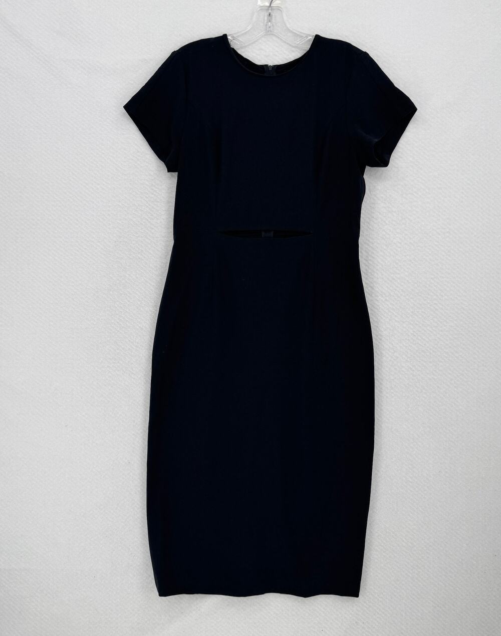 Babaton Black Crepe Cutaway Waist Lined Short Sleeve Midi Shift Dress Sz 10